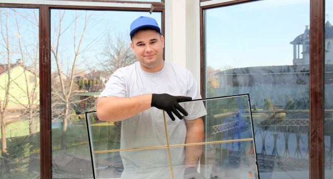 Construction worker holding window glass indoors